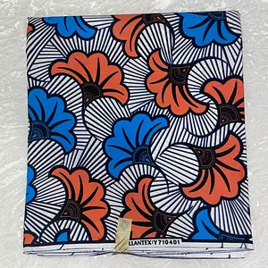 African Ankara Blue & Pink Geometric Flower Style 6 Yards Vip Fabric